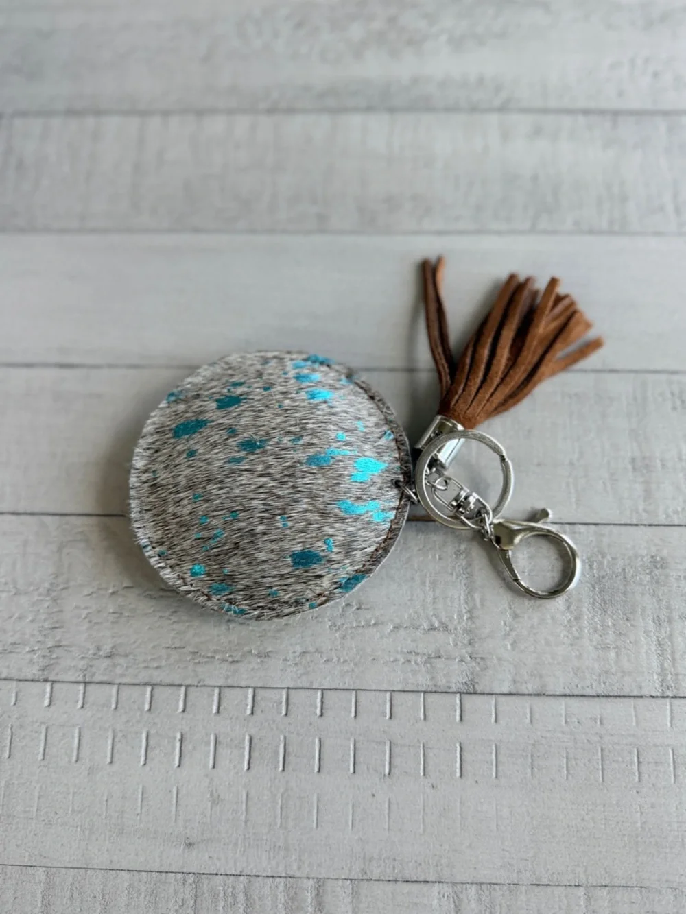Western Acid Wash Round Turquoise & Gray Cowhide Keychain with Brown Tassel